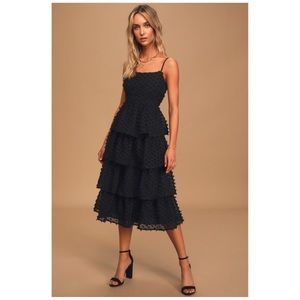 Lulus Flirting with You Black Tiered Pom Pom Midi Dress size xs